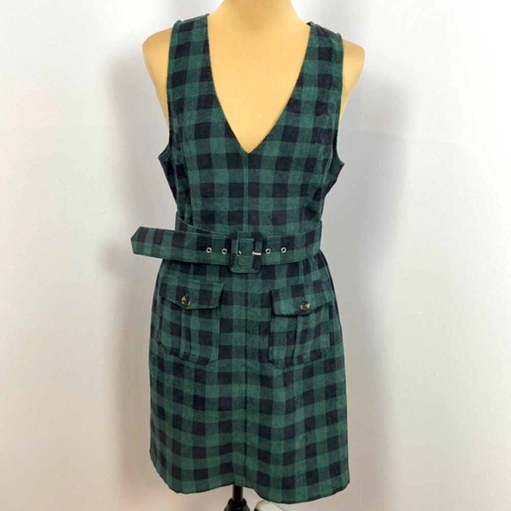Emory Park Green Dark Navy Check Plaid Velvet Jumper Mini Dress Size M
